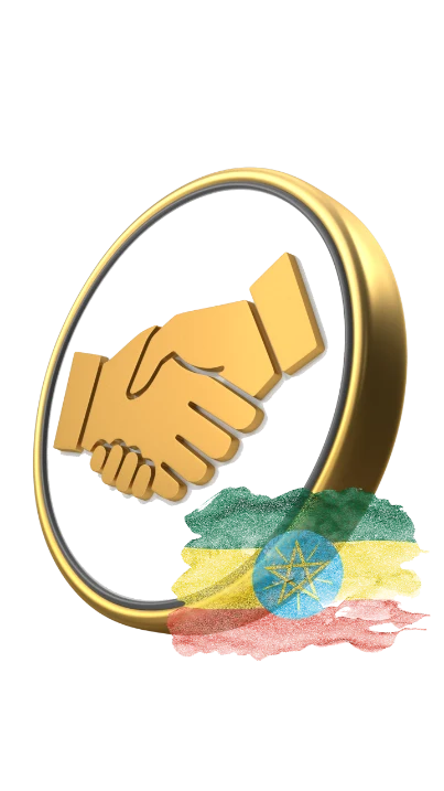 golden business handshake icon behind ethiopian flag with dissolve effect