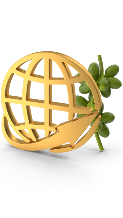 worldwide arrow round global icon in front of coffee green beans on stalk