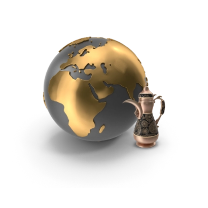 arabic coffee pot next to golden world globe in 3d