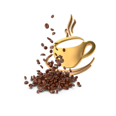 coffee beans falling into a pile in front of golden mug 3d icon
