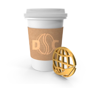takeaway coffee cup with golden global 3d icon & dilbi ethiopian green coffee beans exporter logo