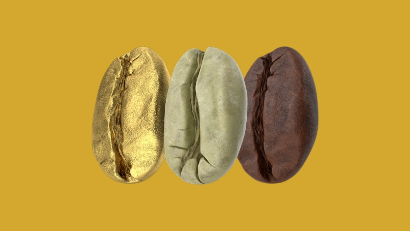 3D حبوب قهوة ذهبية خضراء ومحمصة مصطفة